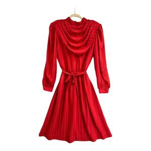 VTG 80s Secretary Dress M Red Striped Preppy Chiffon Business Career Valentines